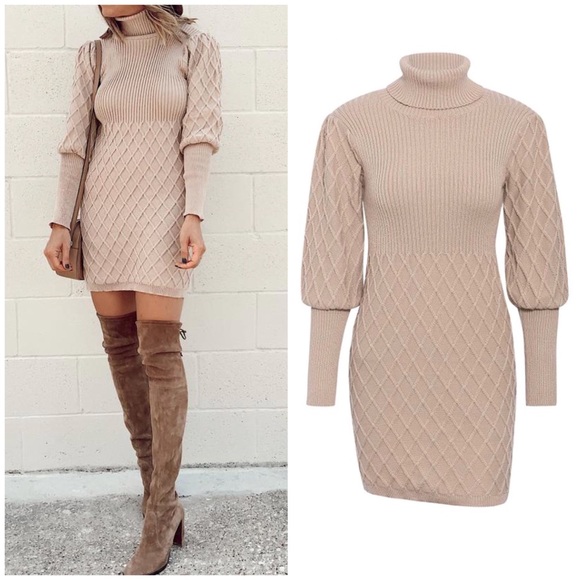 SOLD OUT CLEARANCE Beige Lantern Sleeve Turtleneck Knit Sweater Dress - Picture 2 of 6